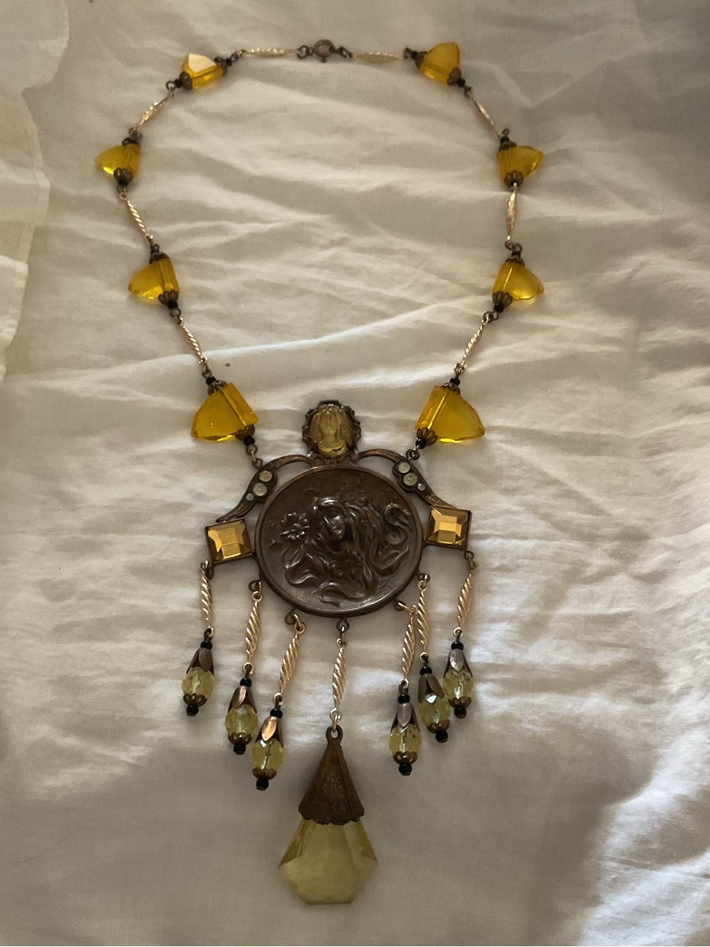 Antique Victorian-Inspired Yellow Czech Glass Pendant Necklace